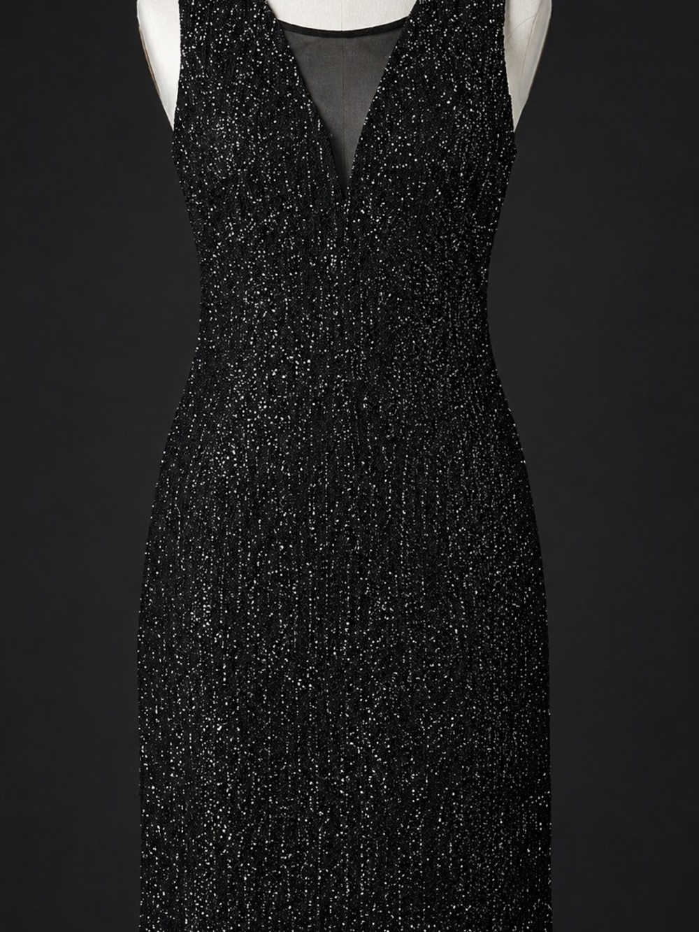 Windsor Black Tinsrl Mini Dress with Sheer V-Inset